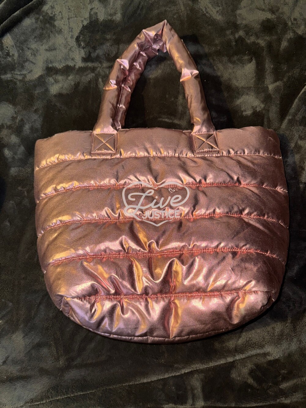 Justice Puffer Tote Bag Metallic Rose Pink with Live Justice Logo